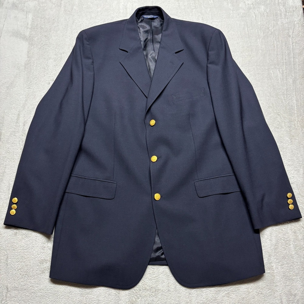Brooks Brothers Stretch Blazer Sport Coat 43L Wool Classic Navy Gold Buttons EUC